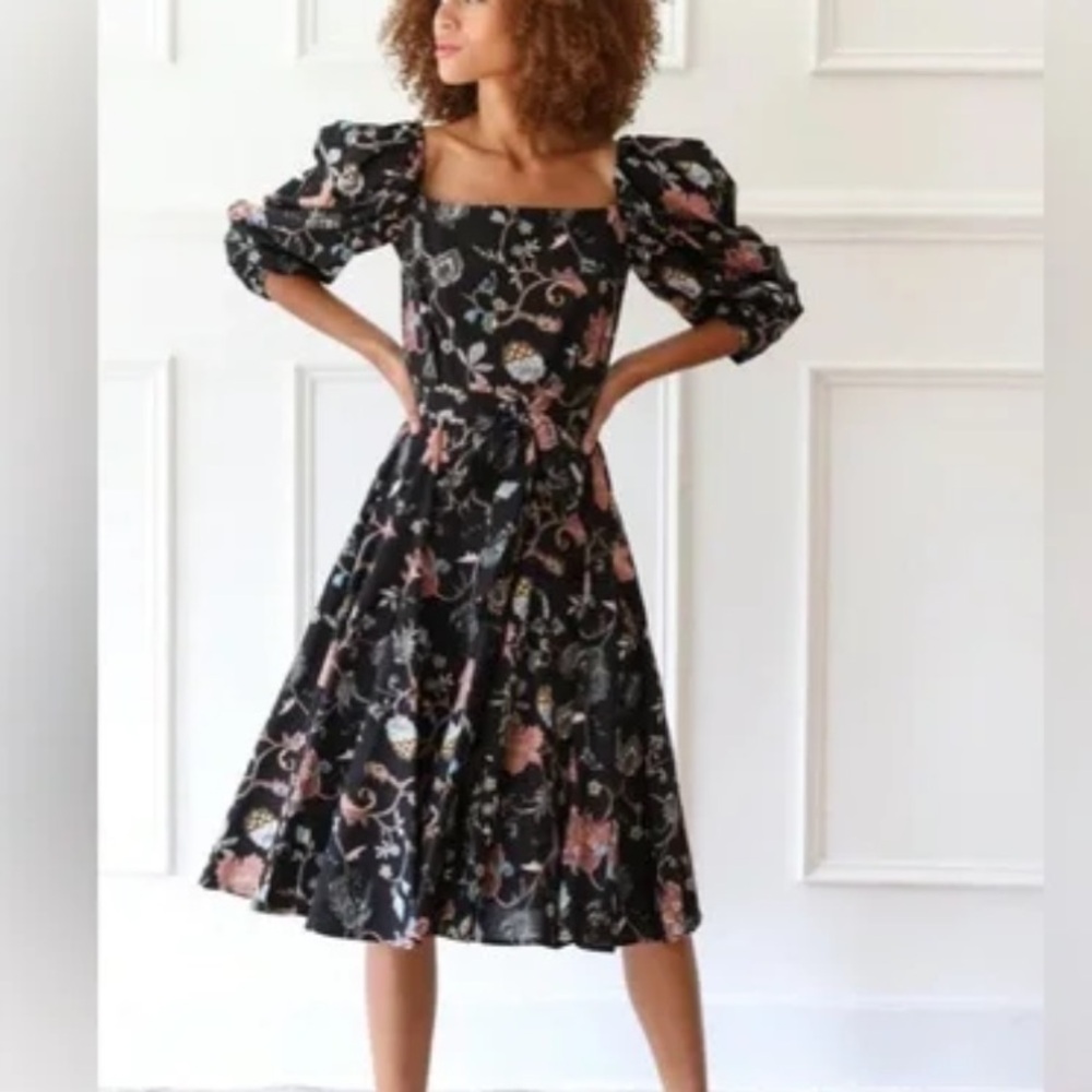 Square Neck Floral Midi Dress in Black